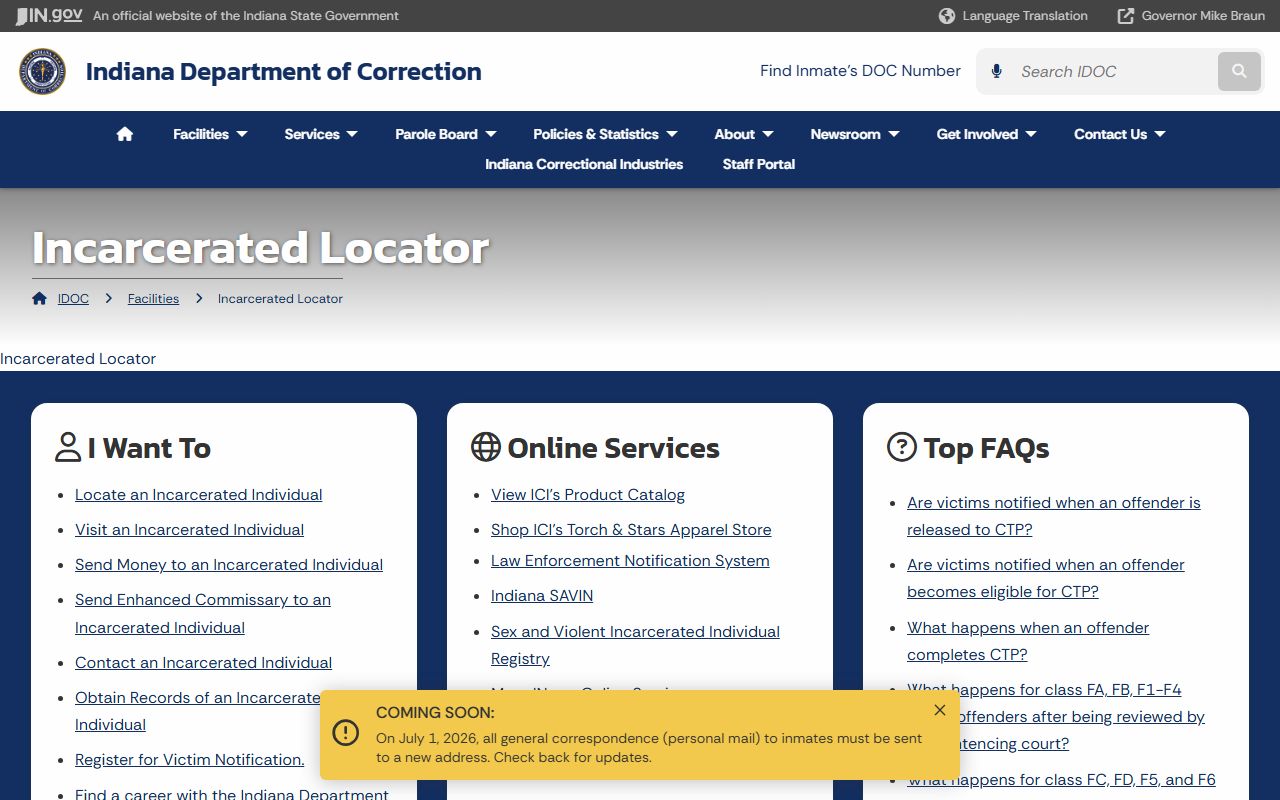 Indiana IDOC locator landing page for Bartholomew County sentenced inmate searches