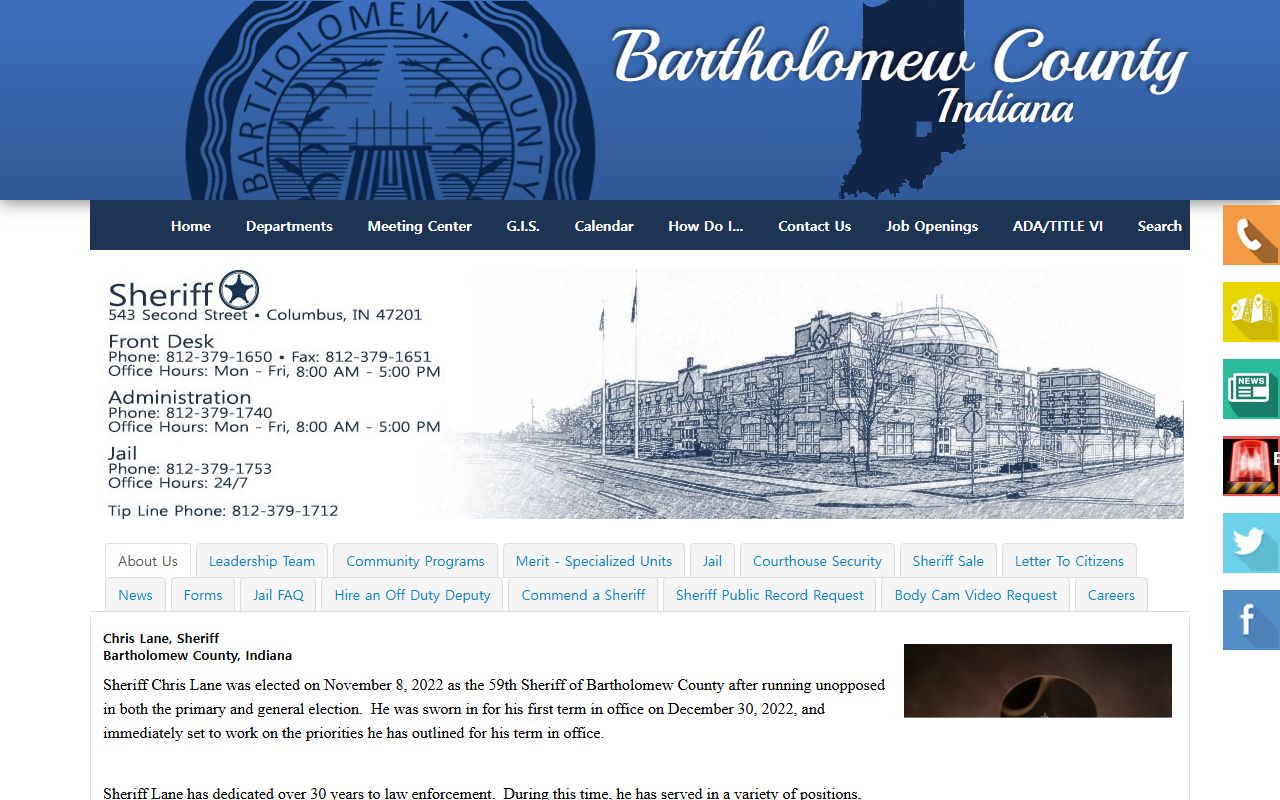 Bartholomew County sheriff jail page for inmate population records